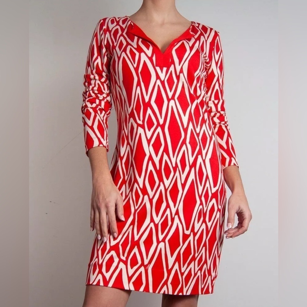 Diane Von Furstenberg Long Sleeve Jersey Dress Mini Women’s 8 Geometric Pattern